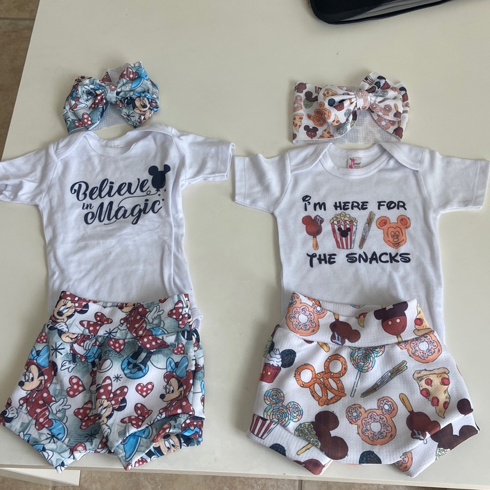 Disney styled, bloomers with onesie and matching bows.